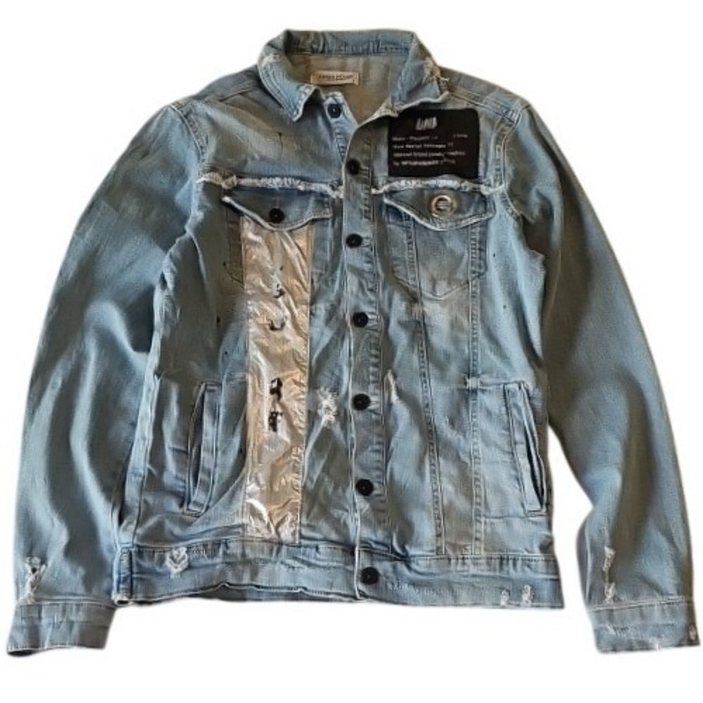 Denimwinner Studio Mens Distressed Deconstructed Denim Jacket Light Wash Blue